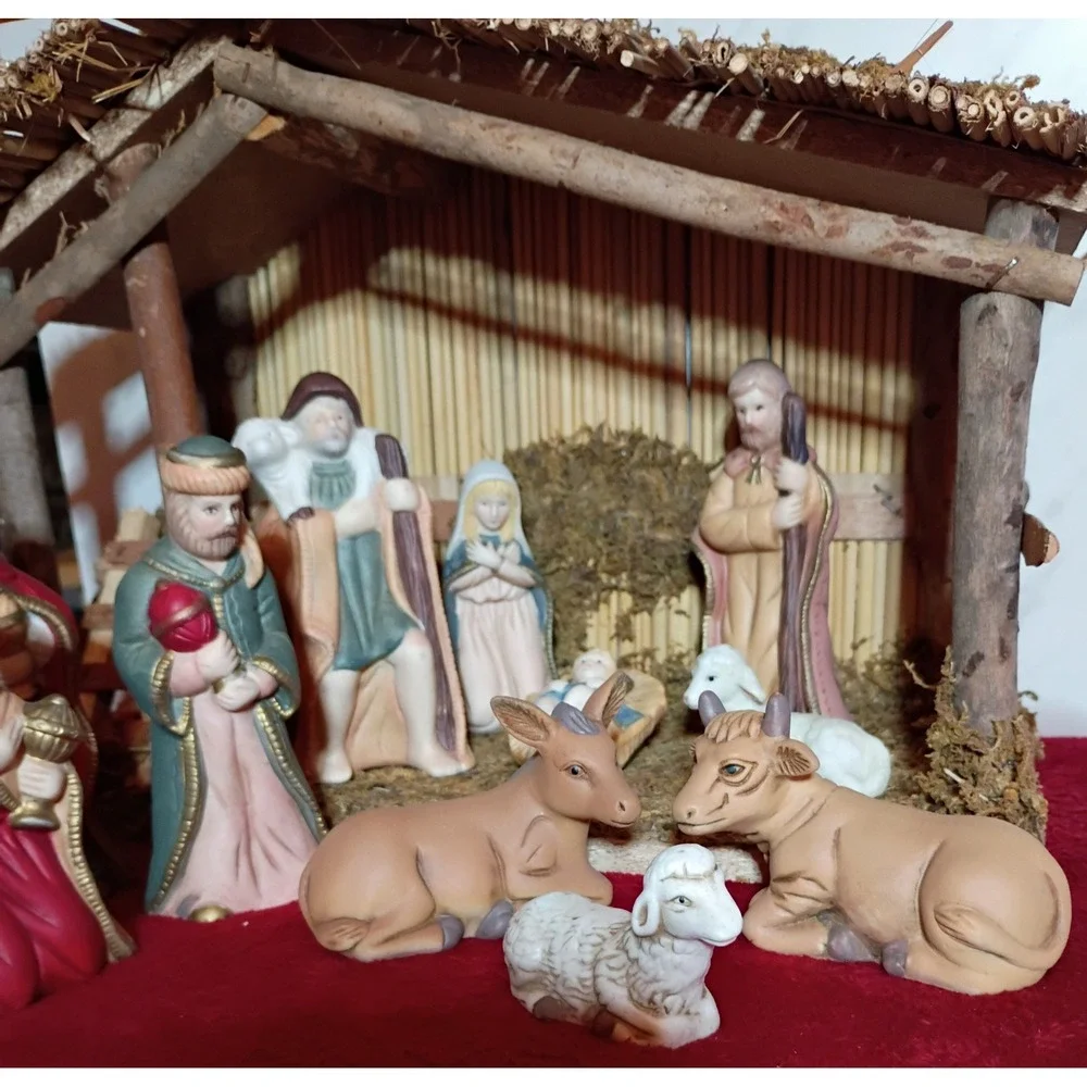 Vintage Sears Nativity Set 32 97889 Wood Stable 11 Porcelain Figures Christmas